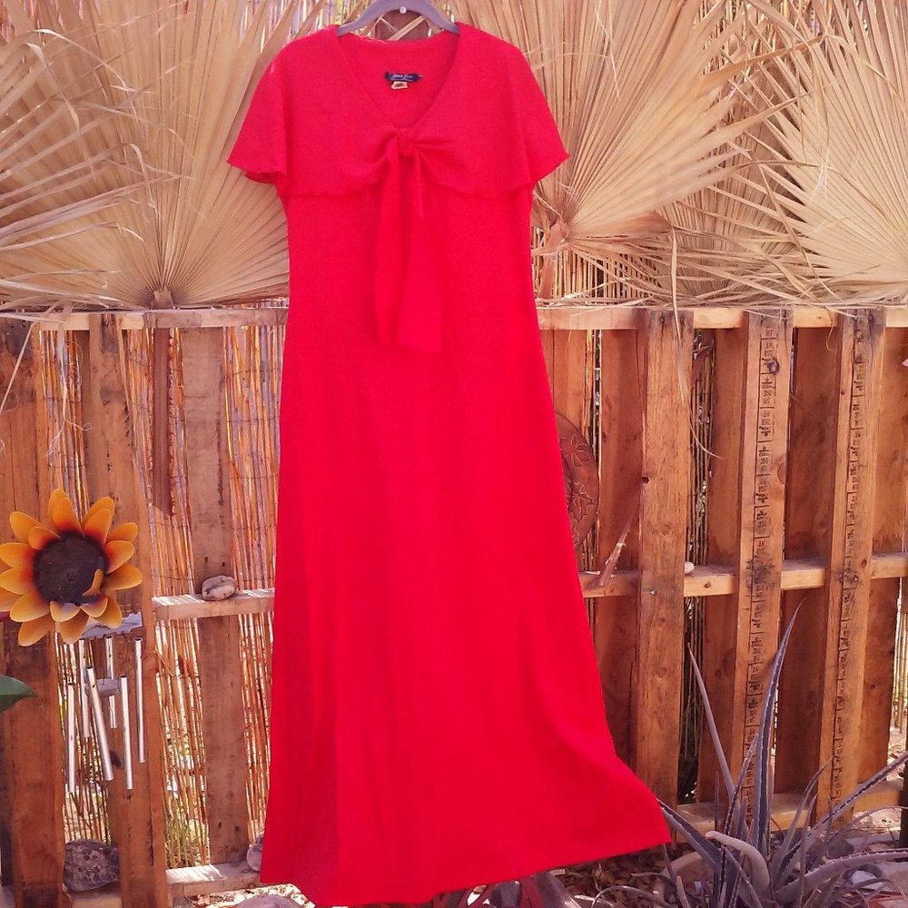 Vintage 70s Maxi Dress Sz-14 Pilgrim Collar Red